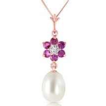 4.53 Carat 14K Solid Rose Gold Necklace Natural Pearl, Amethyst Diamond 14&quot;-24&quot; - £285.88 GBP