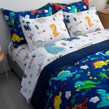 7 Piece Kid Boys Dinosaur Comforter Set Twin Size 3D Blue Dinosaur Wild ... - $128.99