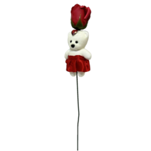 Vintage Valentines Day Flocked White Bear with Red Faux Rose Floral Pick 6&quot; - £6.67 GBP