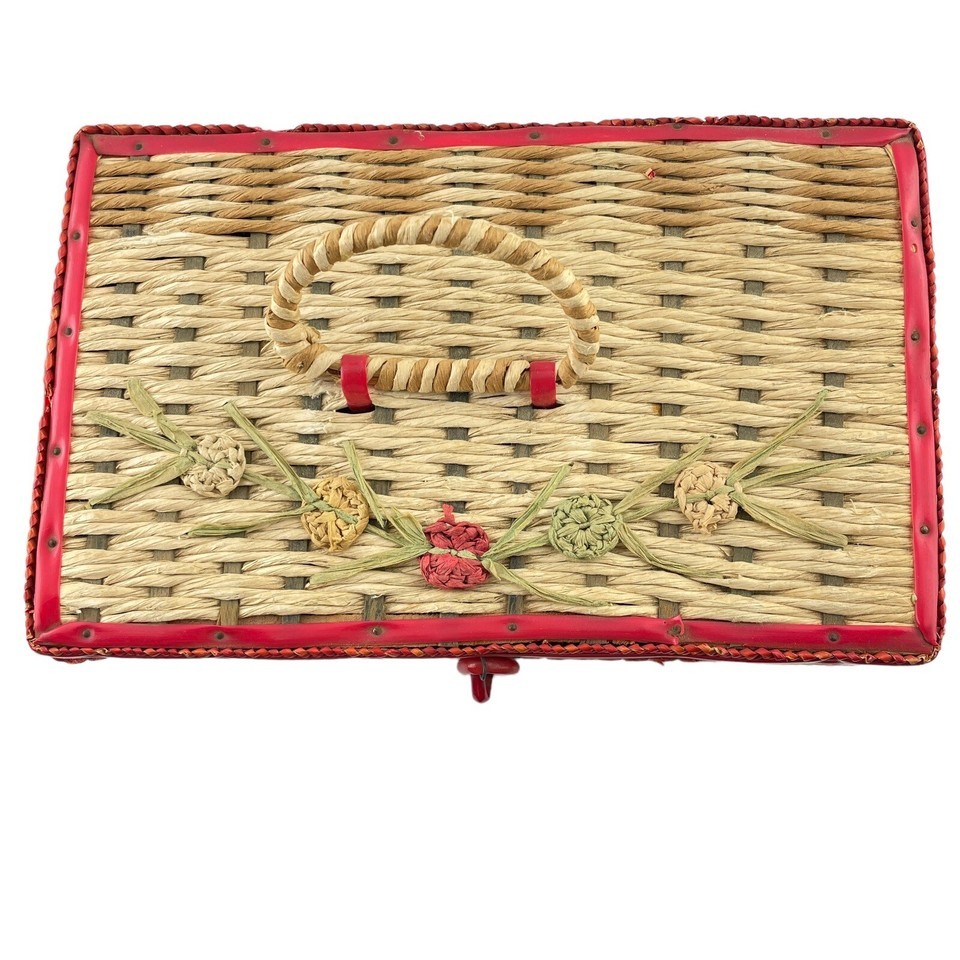 Vintage Woven Sewing Basket w Red Trim Satin Interior Notions Patches Needles Item image 3