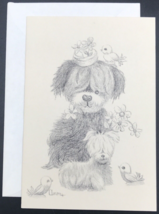 1973 Ann Adams Dog w/ Puppy &amp; Birds Greeting Note Card Pencil Drawing Print - $7.69