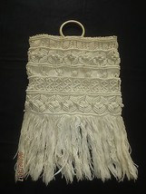 Natural Lined Fringed Macrame Purse w/BAKELITE Handles - 10&quot; X 8.5&quot; + 6&quot; Fringe - £8.87 GBP