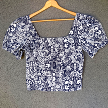 J Crew Puff Sleeve Blouse Womens 10 Navy White Poplin Mermaid Floral Print Shirt - $28.30