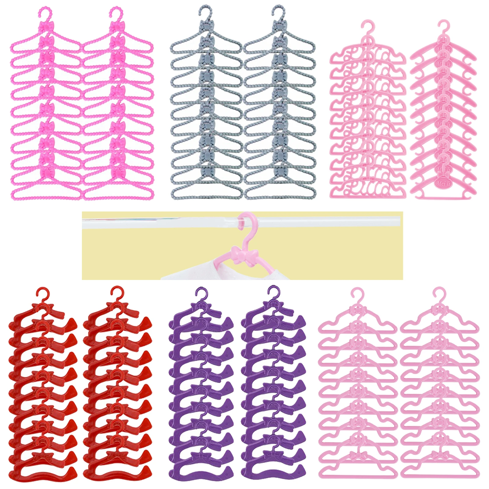 20 Pcs / Lot Plastic Doll Hangers Cute Mini Mixed Style Dress Clothes - £5.81 GBP+