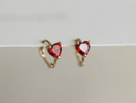 9ct Solid Gold Red Gem Heart Huggie Hoops- valentines, 9K Au375, love, sparkle - £83.97 GBP
