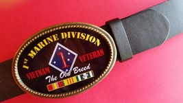 Vietnam Veteran 1st MARINE DIVISION Epoxy Belt Buckle &amp;Black bonded Leat... - £18.09 GBP