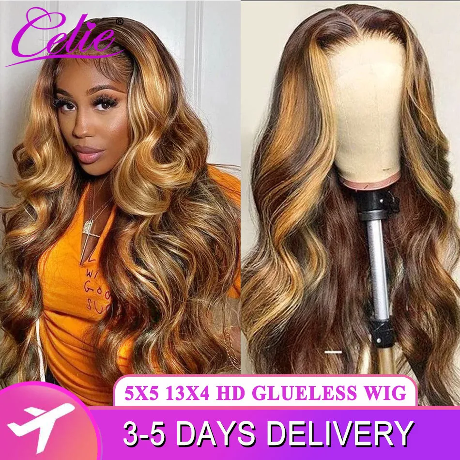 Celie Glueless Highlight Wig Human Hair Body Wave HD Transparent Ombre Color - £89.22 GBP+