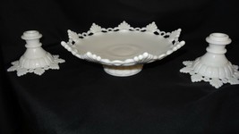 Westmoreland Glass Ring Petal Milk Glass Candlestick and Bowl USA - £99.05 GBP