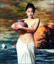 Art Oil painting beautiful young Chinese girl holding a pottery pot by sea - £56.03 GBP