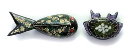 Pair of Fish Trinket Box Black Lacquer Wood Floral Thailand Hand Painted Vintage - £15.44 GBP