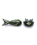 Pair of Fish Trinket Box Black Lacquer Wood Floral Thailand Hand Painted... - £15.88 GBP