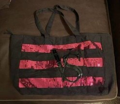 Victorias Secret Black Pink Sequined Large Bag Tote Beach Weekender Bag - $15.84