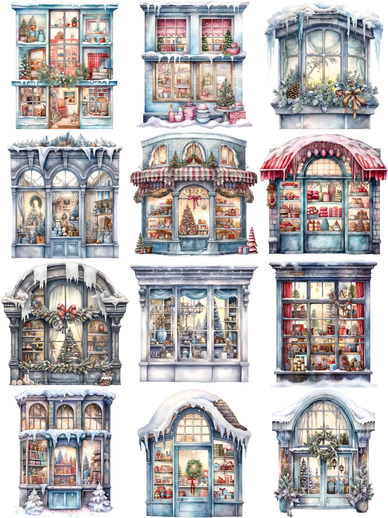 Primary image for 12 PCS Christmas Window Stickers Lot Snow Theme Vintage Retro Watercolor Decal 