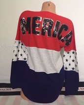 Victoria&#39;s Secret Pink &#39;Merica Sequin Bling Red Gray Blue Varsity Crew T... - £59.86 GBP