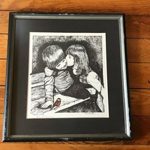 Don Russel Signed FRIENDS Black &amp; White Ink Sketch of Little Girl Kissing Little - £22.37 GBP