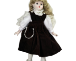 Vintage Porcelain Doll Blonde Girl Blue Eyes Brown Velvet Dress White Sh... - $24.99