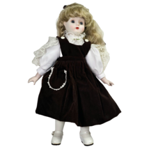 Vintage Porcelain Doll Blonde Girl Blue Eyes Brown Velvet Dress White Shoes 16in - £19.80 GBP