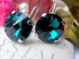 Emerald Rivoli Drop Earrings w/ Swarovski Green Crystals / 12mm 1122 Round Dangl - £22.38 GBP