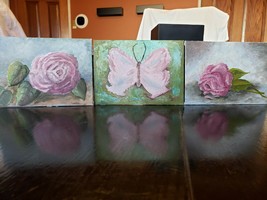 3 5x7 Handpainted Pictures! Roses! Butterfly! Shabby Chic! Canvas Panels! - £21.21 GBP