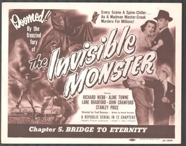 Invisible Monster 11&quot;x14&quot; Lobby Card RARE Chapter 5 Republic Serial - £172.10 GBP