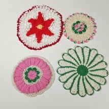 4 Crochet Lace Doilies Handmade Round Doily Trivet Vintage Pink Green Fl... - £7.18 GBP