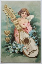 Valentine Greeting Beautiful Cherub With Golden Mandolin And Hearts Postcard X24 - £7.95 GBP