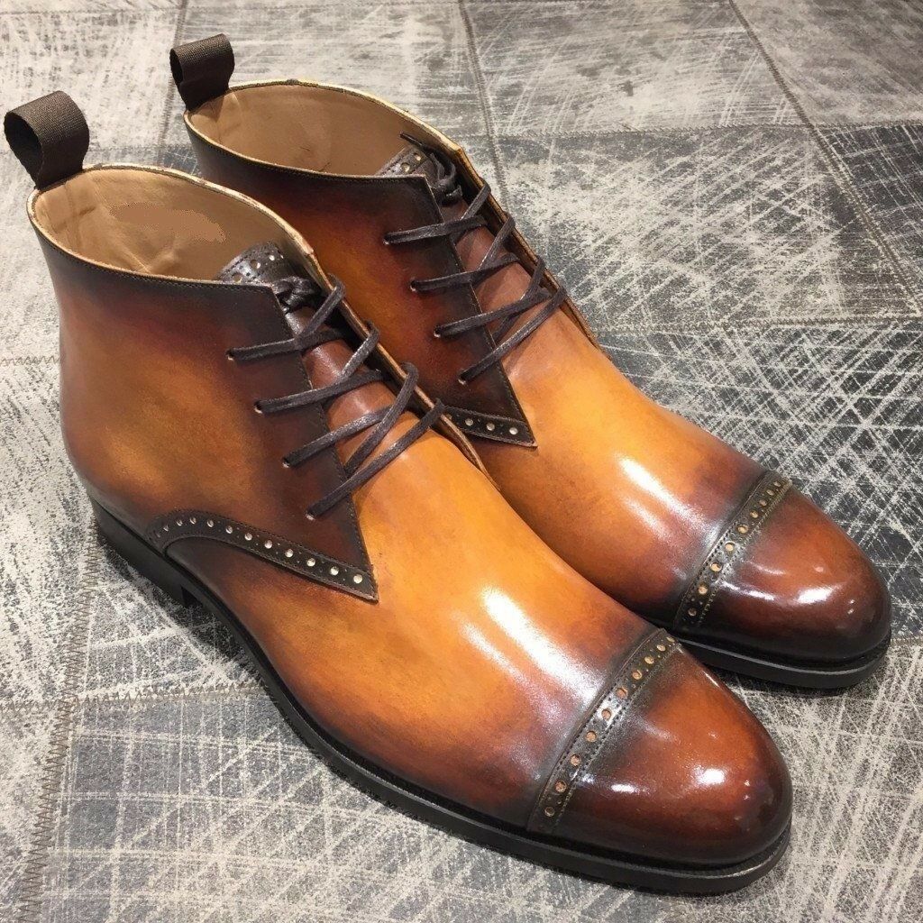 New Men's Tan Brown High Ankle Rounded Cap Toe Genuine Leather Lace Up Boots 201