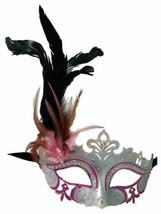 Pink Silver Mardi Gras Venetian Masquerade Mask Feathers - £12.85 GBP