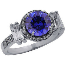 3.46CT Women&#39;s Unique Round Cut Blue Sapphire Ring 14K White Gold Plated Silver - £124.03 GBP