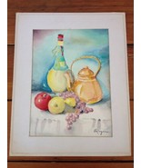Original Vintage Mid Century Still Life Bottle Kettle Fruit Watercolor P... - £31.85 GBP