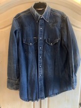 80&#39;s Denim Rugged Outdoor Wear Western Pearl Snap Men&#39;s Shirt Frayed Wor... - $42.75