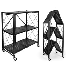 3-Tier Foldable Metal Heavy Duty Storage Shelving Unit With Wheels, Orga... - $118.99