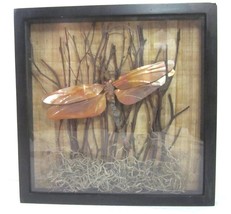 Vintage Metal Copper Dragonfly Wall Art with Twigs Wood Framed Handmade 11&quot; MCM - £31.24 GBP