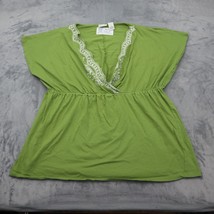 Kim Rogers Shirt Womens 1X Green Short Sleeve VNeck Lace Pleated Knit Blouse Top - $19.68