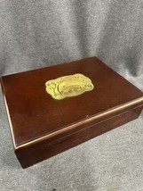 Vtg  Solid Cherry? Wood Trinket Box W/Brass Hinges &amp; Fish Medallion 11”x8”x2.5” - $19.40