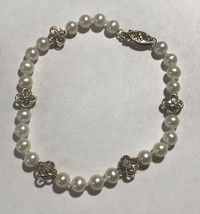 10k Yellow Gold Pearl Bracelet w/ Diamond Accent Links, Filigree Clasp 7... - $290.79