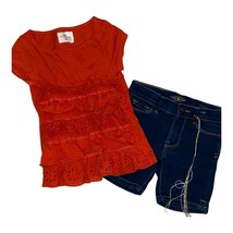 H&amp;M Orange Ruffle Top &amp; Lucky Brand Denim Shorts Outfit Sz 4 - £12.05 GBP