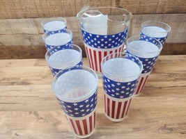 7 Patriotic US Flag Stars Stripes Red White Blue Libbey 16 Ounce Glass & Pitcher - $67.29