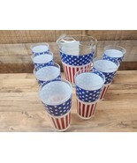 7 Patriotic US Flag Stars Stripes Red White Blue Libbey 16 Ounce Glass &amp;... - £52.91 GBP
