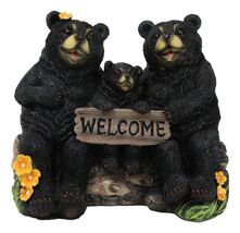 Papa Mama Black Bears and Cub Sitting On Log with Welcome Plank Sign Fig... - $23.99