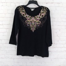 Rebecca Malone Top Womens XL Petite Black 3/4 Sleeve Embellished Sequin Cotton - £12.58 GBP