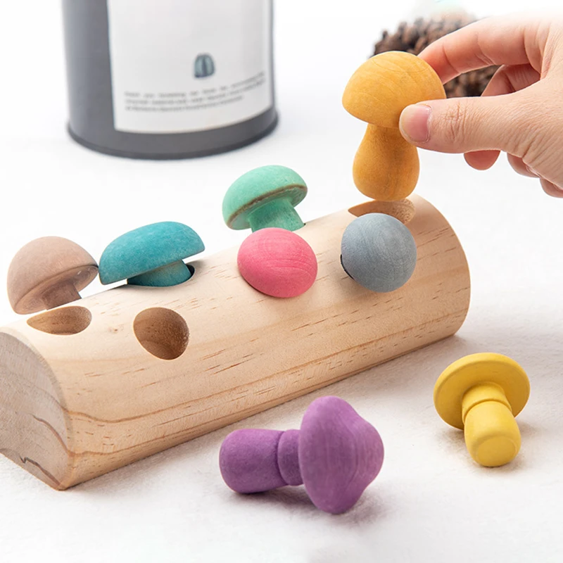 Toddler Wooden Mushroom Picking Game Rainbow Block Montessori Educational Wooden - £14.96 GBP