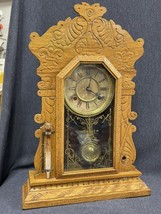 Antique Working Pressed Oak Waterbury 8 Day Clock 22 3/4” Tall W/Early Barometer - £180.56 GBP