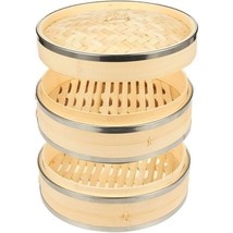 2 Tier Bamboo Steamer Basket 10 Inch For Dim Sum Bao Bun Dumpling Cooking - £41.55 GBP