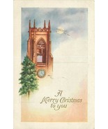 DB Christmas Postcard L387 Embossed Church Bell Tower Pine Clouds Full Moon - $5.94