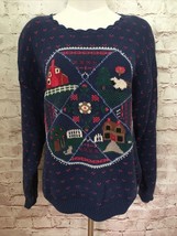 Vintage Northern Isles Women Large Hand Embroidered Sweater Blue Farm Barn - £51.13 GBP
