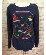 Vintage Northern Isles Women Large Hand Embroidered Sweater Blue Farm Barn - £51.13 GBP