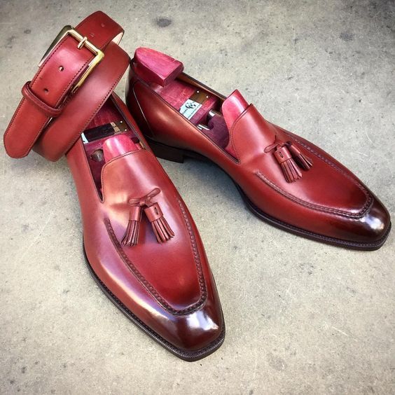 Sophisticated Carmine Red Tassel Loafers Shaded Moc Toe Pure Leather Party Shoes