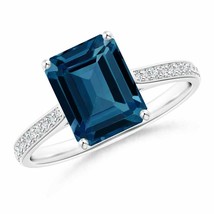 ANGARA Emerald-Cut London Blue Topaz Cocktail Ring with Diamonds - £991.13 GBP