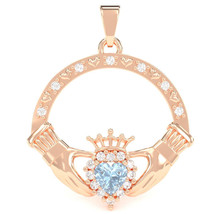 Aquamarine Diamond Claddagh  Pendant in 14k Rose Gold - £394.29 GBP